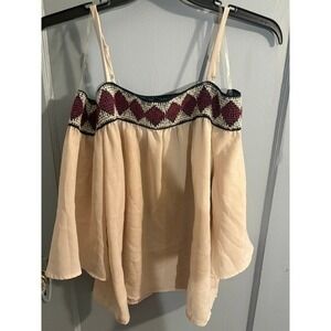 Maurices Cream Cold Shoulder Top with Maroon Geometric Embroidery Size Large